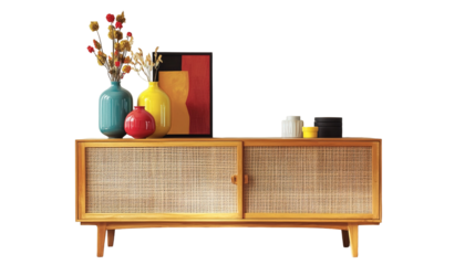 Stylish wooden chair next to a sideboard in a modern living room