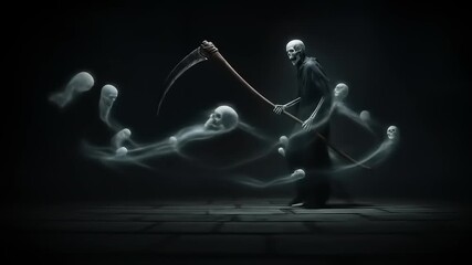 A mysterious figure cloaked in darkness wields a scythe, surrounded by ghostly apparitions in a dimly lit space