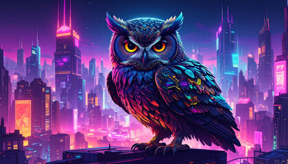 illustration of a cyberpunk owl in the night city