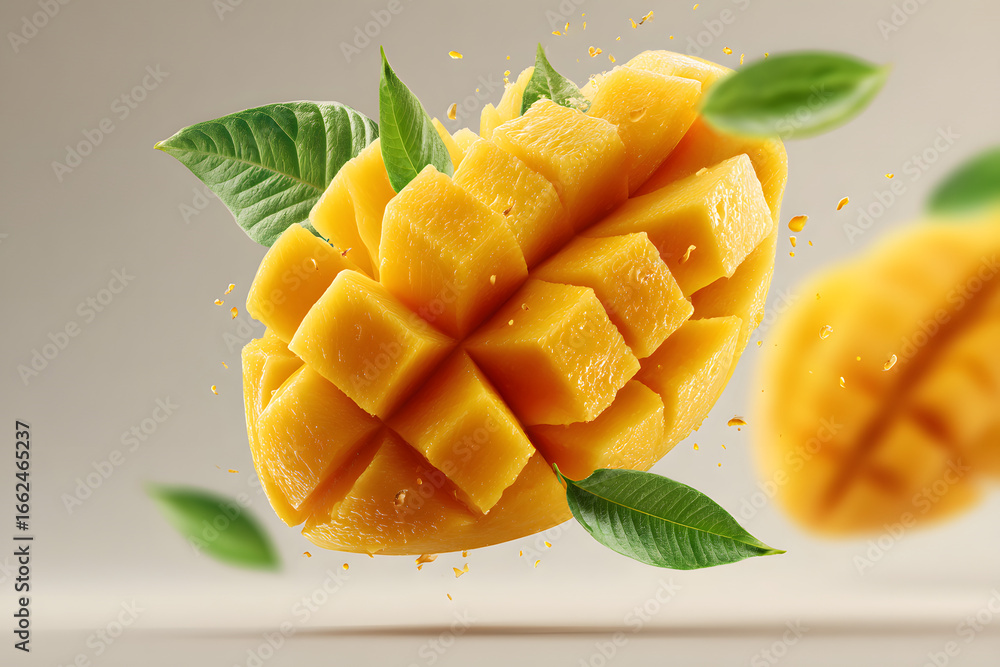 Poster mango with half slices falling or floating in the air with green leaves isolated on background, fres