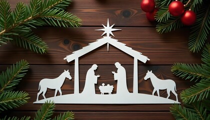 Elegant paper cut nativity display illustrating the Holy Family, shepherds, and angels in a serene Christmas setting