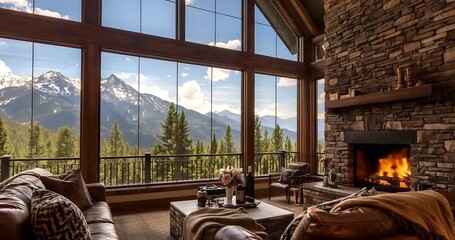 Luxury Mountain Cabin Living Room with Fireplace and Panoramic Window View – 4K Footage - Powered by Adobe