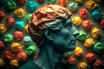 Abstract representation of a human head filled with colorful crumpled paper symbolizing thoughts and ideas in a creative concept