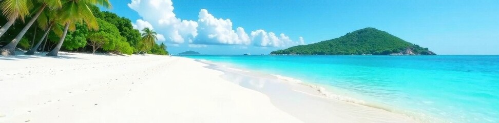 Fototapeta premium Fine white sand, azure sea, distant green island silhouette, sunset, holiday