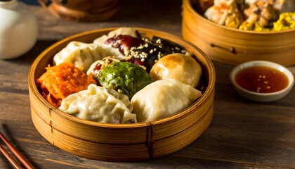 Assorted dim sum in bamboo steamer