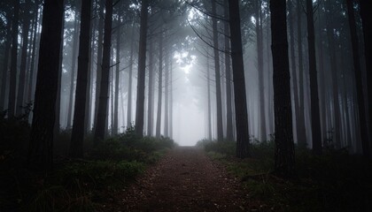 Misty Forest Trail in Dense Woodland