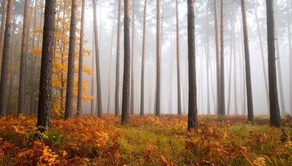 Fototapeta premium Misty Autumn Forest with Tall Pine Trees