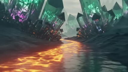 A mystical landscape featuring a winding river of lava surrounded by towering, colorful crystals - Powered by Adobe