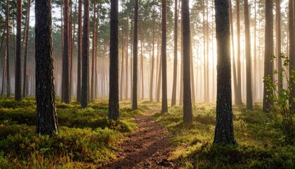 Naklejka premium Serene Forest Path at Sunrise