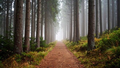 Fototapeta premium Misty Forest Pathway in Tranquil Woodland