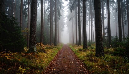 Fototapeta premium Misty Forest Pathway in Autumn