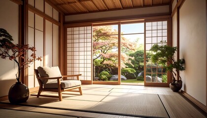 Naklejka premium Tranquil Japanese-style room with garden view (3)