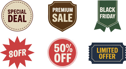 Cartoonish Style Sale Stickers Featuring Special Deal, Premium Sale, Black Friday, 80FR, and 50% Off
