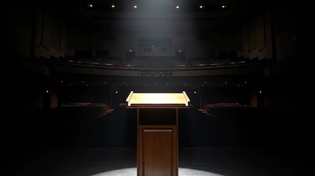 In a silent, empty auditorium, a single spotlight turns on, illuminating a plain lectern on the stage before slowly dimming back to black.