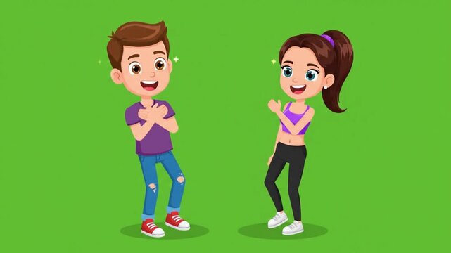 A cartoon boy and girl happily talking and gesturing to each other on a green background.