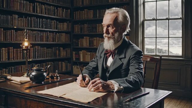 Vintage video scene of an elderly man writing at a wooden desk in a library. Shot from a side angle, capturing the warm, historic ambiance.