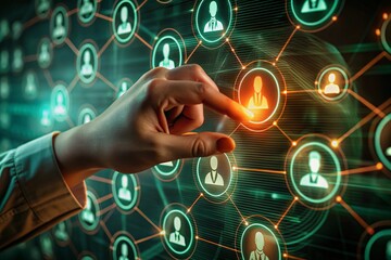 Hand interacting with glowing digital network of people icons symbolizing connectivity and global connections