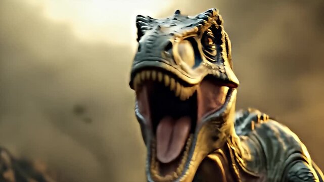 Roaring Tyrant: Close-Up of a Ferocious Dinosaur with Open Mouth and Sharp Teeth