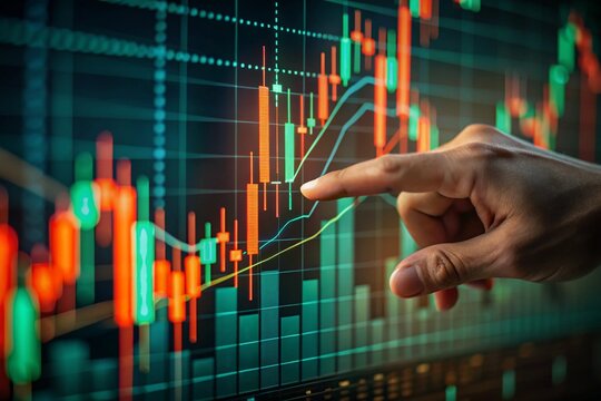 Hand interacting with financial stock market trading candlestick charts analyzing growth opportunities and investment strategies