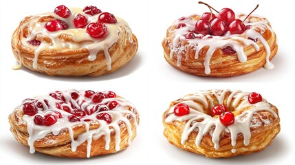 Four sweet pastries, ring-shaped with flaky layers, topped with glistening cherries and a creamy glaze, presented on a white background