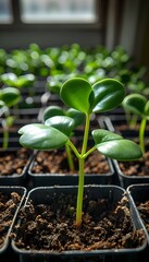 Closeup of Bright Green Seedling Sprout in Small Pots