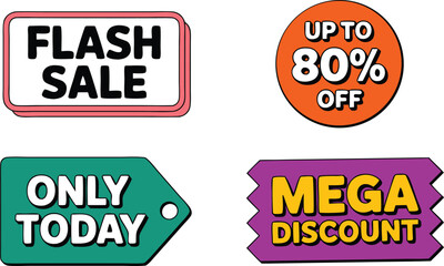 Obraz premium Flash Sale, Up to 80% Off, Only Today, and Mega Discount Colorful Signs Illustration