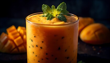 Close Up of Mango Lassi in Frosted Glass with Mint and Spice