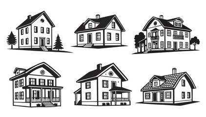 Collection of six black and white vector illustrations of diverse residential houses and homes with architectural details