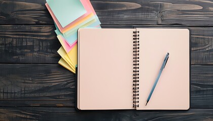 Notebook and Sticky Notes on a Dark Wooden Surface