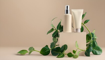 Cosmetic products with natural leaves on beige podium