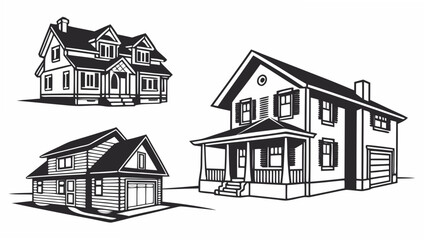 Collection of three diverse architectural house styles rendered in a striking black and white graphic illustration style