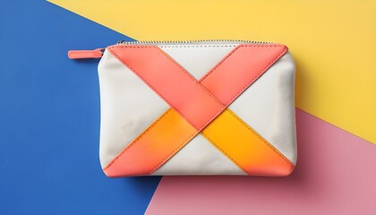 Colorful Geometric Pencil Case with Pens on a Pastel Background