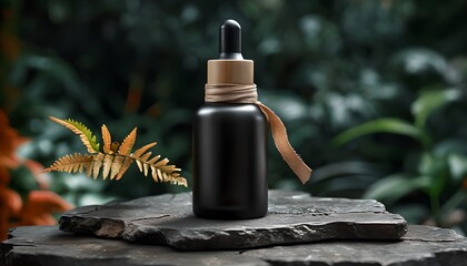 Serum bottle on stone with fern, organic skincare product, natural beauty