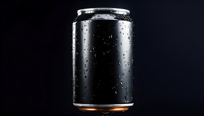 Black Aluminum Beverage Can with Water Droplets on Dark Background