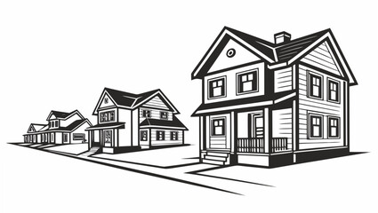 A row of charming traditional american suburban houses rendered in a clean graphic black and white illustration style