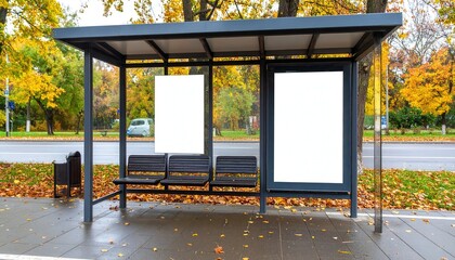 Modern Bus Shelter with Two Blank Ad Mockups Amidst Golden Autumn Foliage.