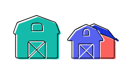 Two stylized cartoon barns with arched doorways and cross patterned doors in teal and purple and red colors against a black background