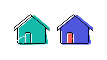Two stylized cartoon houses one teal and one purple with open doors isolated on a black background