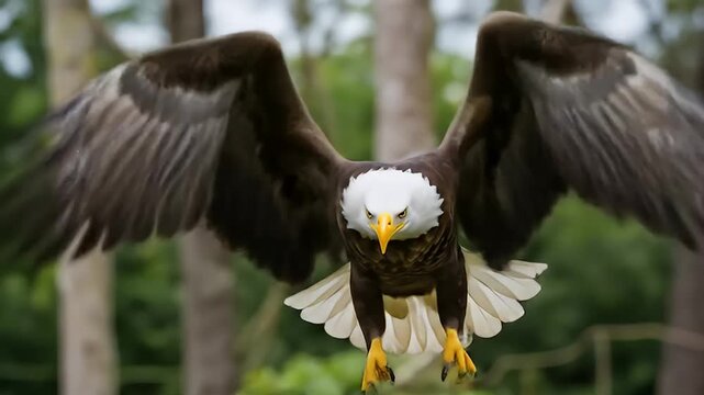 Bald Eagle Flying Through a Forest with Wings Spread	