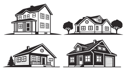 Collection of four distinct black and white architectural house illustrations with varying rooflines and styles set against a white background