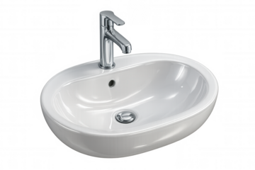 White ceramic sink with a shiny chrome faucet, isolated on a transparent background, perfect for bathroom interior designs