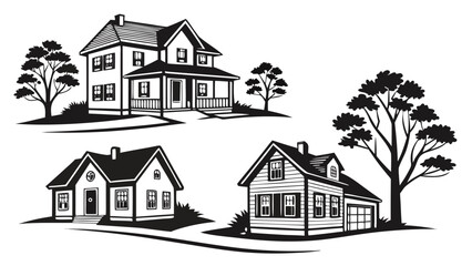 Collection of three distinct black and white silhouette houses with trees and landscaping elements on a white background
