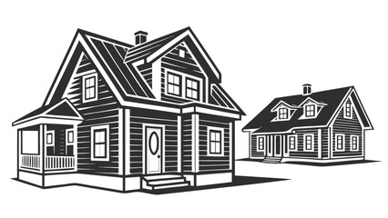 Two detailed black and white illustrations of traditional american style wooden houses with dormer windows and porches