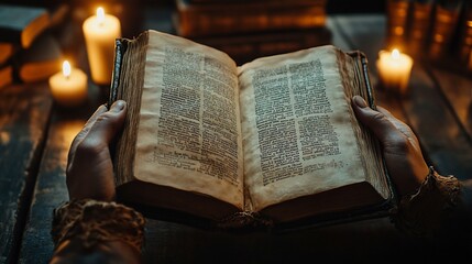 Ancient book, candlelit, hands holding open pages, aged parchment