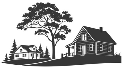 Two charming rustic wooden houses nestled on a grassy hill beneath a large deciduous tree and pine trees