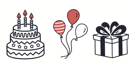 A festive collection of simple line art icons featuring a birthday cake with candles balloons and a gift box perfect for celebrations