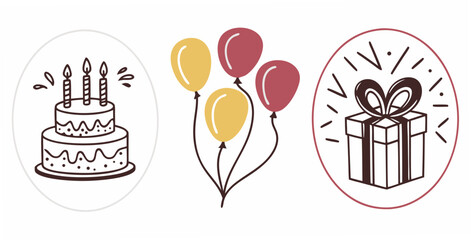 Whimsical hand drawn birthday celebration icons featuring a cake with candles balloons and a gift box