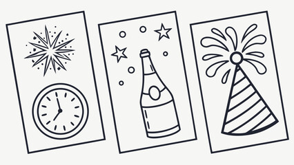 Whimsical hand drawn outline illustrations of new year s eve celebration elements including a clock champagne bottle and party hat