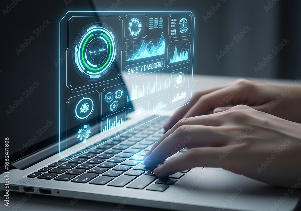 Poster hands typing on a laptop with a futuristic holographic data dashboard displayed on the screen.