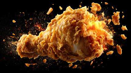 A juicy fried chicken drumstick explodes into a shower of crispy fragments against a dark background.